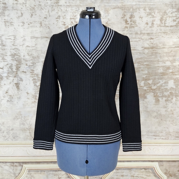 Vintage Sweaters - Vintage 1960s Black Pullover S Striped Top Academia Butte Knit Beatnik 1970s